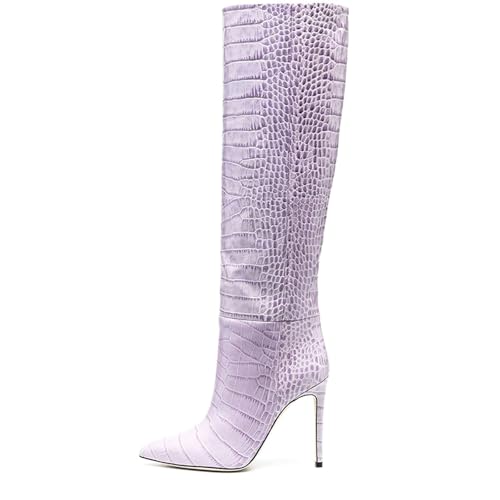 BAICAIBAI Overknee-Stiefel für Damen Spitzer Stiletto-Absatz Print Modische Eleganz Mittelhoher Lederstiefel Absatzhöhe (11–13 cm) Herbst- und Winterausflüge Laufsteg,Purple,41 von BAICAIBAI