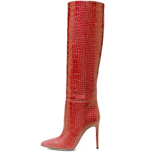 BAICAIBAI Overknee-Stiefel für Damen Spitzer Stiletto-Absatz Print Modische Eleganz Mittelhoher Lederstiefel Absatzhöhe (11–13 cm) Herbst- und Winterausflüge Laufsteg,Red,40 von BAICAIBAI