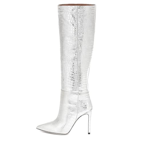 BAICAIBAI Overknee-Stiefel für Damen Spitzer Stiletto-Absatz Print Modische Eleganz Mittelhoher Lederstiefel Absatzhöhe (11–13 cm) Herbst- und Winterausflüge Laufsteg,Silver,35 von BAICAIBAI