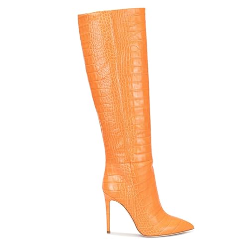 BAICAIBAI Overknee-Stiefel für Damen Spitzer Winter-Stiletto-Stiefel Kniehoher Stiefel Lila Muster-Imitat Temperament Eleganz Büro Tanzen Absatzhöhe (11–13 cm),Orange,34 von BAICAIBAI