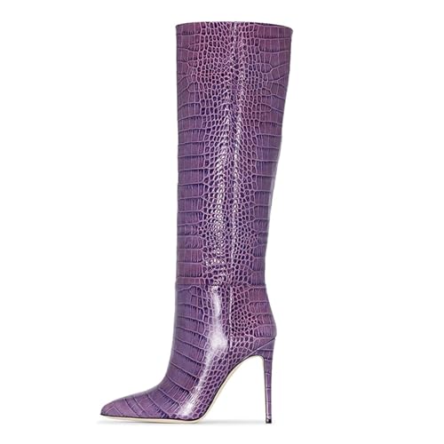 BAICAIBAI Overknee-Stiefel für Damen Spitzer Winter-Stiletto-Stiefel Kniehoher Stiefel Lila Muster-Imitat Temperament Eleganz Büro Tanzen Absatzhöhe (11–13 cm),Purple,38 von BAICAIBAI