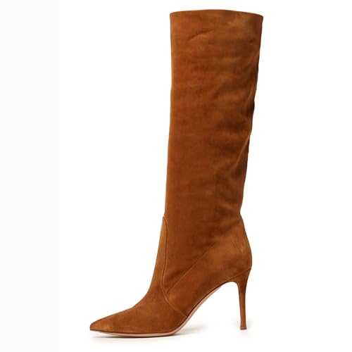 BAICAIBAI Overknee-Stiefel für Damen Wildleder Stilettos Spitz Zulaufend Thigh High Stiefel Modisch Bequem Grau Braun Blau Tanzparty Winter Absatzhöhe (9 cm),Brown,42 von BAICAIBAI