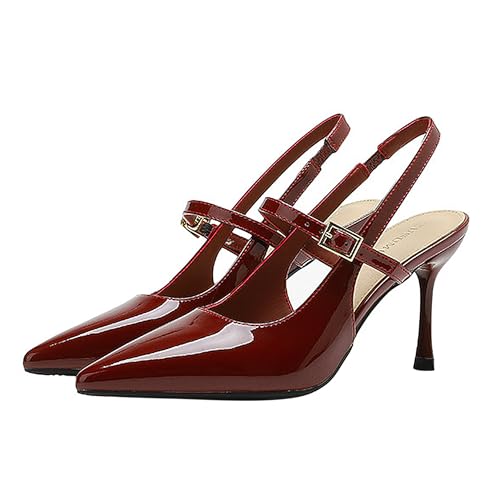 BAICAIBAI Slingback-Absatzschuhe für Damen Stilettos Hoher Absatz Spitzer Zehenbereich Bequem Schuhe Fashion Sicherheit Hochzeit Braut Abendkleid Partei Abendschuhe,Wine,red von BAICAIBAI