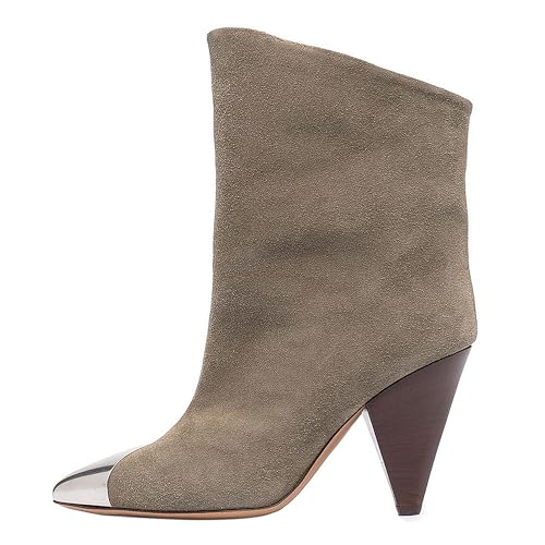 BAICAIBAI Stiefel für Damen Breite Wade Spitz zulaufender Zehenbereich klobiger Absatz Wildleder Mitte der Damen-Stiefel aus Leder mit Spitzer Zehenpartie und Hohem große Größe,Khaki,43 von BAICAIBAI