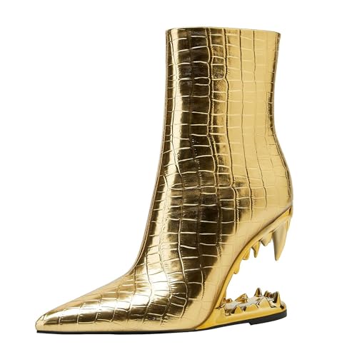 BAICAIBAI Stiefel für Damen Spitzem Zehen-Design Spitzer Zehenbereich mit Tigerzahn-Absatz modische Kariert Großes Steinmuster Klassisch Herbst-Winterstiefel Seitlichem ReißVerschluss,Gold,40 von BAICAIBAI