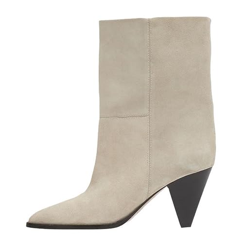 BAICAIBAI Stiefel für Damen Wintermode Wildleder Stiefeletten Mit Absatz Spitz Kurze Hohem FüR Spitze Wildlederstiefel Zulaufendem Kleinen Und GroßEn äRmeln Toe Heel Ankle Boots,Off,White von BAICAIBAI