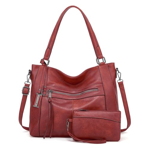 BAIGIO 2-teilige Handtasche Damen Umhängetasche Mittelgroß Shopper Tasche PU Leder Crossbody Tote Bag Set Schultertasche Damentaschen Henkeltaschen Tragetasche mit Geldbörse Reißverschluss, Rot von BAIGIO