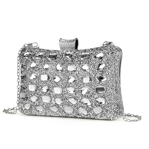 BAIGIO Strass Clutch Damen Glitzer Abendtaschen Glänzende Damen Silber Clutch Tasche Kleine Brauttasche Elegant Handtasche Umhängetasche für Party Hochzeit Kettetasche von BAIGIO