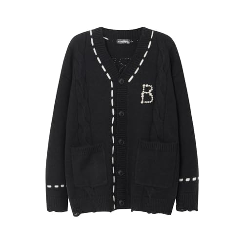 BAILEYU Paar Stricken Strickjacke V-Ausschnitt Lässig Weich Damen Strickwaren Boyfriend Übergroßen Pullover Alltag Lange Ärmel Mantel für Herbst Winter Frühling,Black,L(55 von BAILEYU