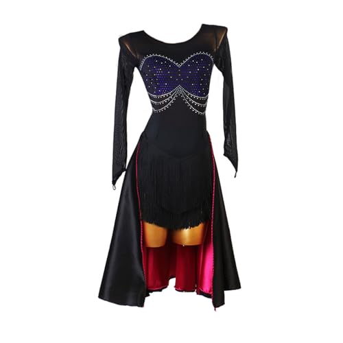 BAIRUNDA Damen Lateinrock, Ballsaal Tanzkleid Wettkampfkleidung Langärmelig Strasssteine Quasten Großer Saum Tanzrock Rumba Samba Cha Cha Tanzbekleidung,L,Black von BAIRUNDA