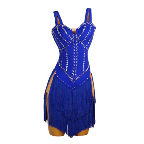 BAIRUNDA Damen Lateinrock, Gesellschaftstanzkleid Ärmellose Hosenträger Wettkampfkleidung Quasten Tanzrock Rumba Samba Cha Cha Tanzbekleidung,2XL,Blue von BAIRUNDA