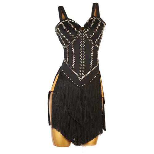 BAIRUNDA Damen Lateinrock, Gesellschaftstanzkleid Ärmellose Hosenträger Wettkampfkleidung Quasten Tanzrock Rumba Samba Cha Cha Tanzbekleidung,M,Black von BAIRUNDA