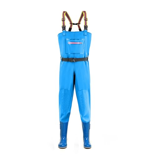 BAIRUNDA Damen Wathose, Verdickte wasserdichte PVC Angelhose Zum Fliegenfischen Halblange Regenhose Mit Stiefeln Doppellagige Knieschützer Elastische Schultergurte, 38 EU,Blue von BAIRUNDA