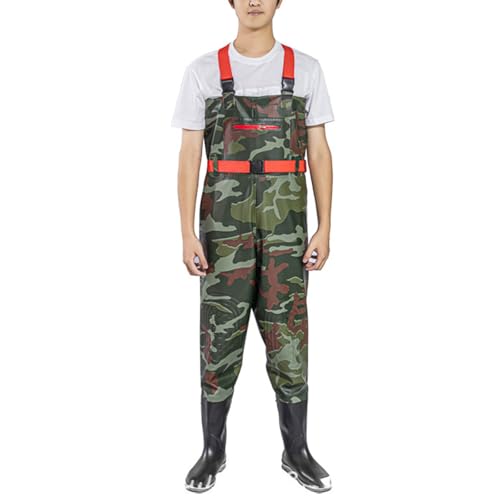 BAIRUNDA Wathose Für Herren Und Frauen, Camouflage Angelhose Verdicktes PVC wasserdichte Wathose Zum Fliegenfischen Doppelte Knieschoner Mit Gürtel Halblange Regenhose Mit Stiefeln,38 EU,Green von BAIRUNDA