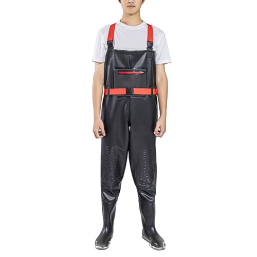 BAIRUNDA Wathose Für Männer Und Frauen Angelhose Geprägtes Muster Verdicktes PVC wasserdichte Wathose Zum Fliegenfischen Doppelte Knieschoner Mit Gürtel Halblange Regenhose Mit Stiefeln, 41 EU,Black von BAIRUNDA