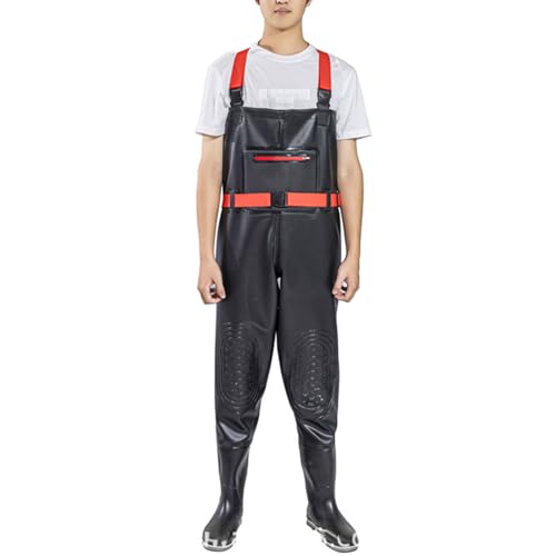 BAIRUNDA Wathosen Für Herren Und Frauen, Angelhose Verdicktes PVC wasserdichte Wathose Zum Fliegenfischen Doppelte Knieschoner Mit Gürtel Halblange Regenhose Mit Stiefeln, 40 EU,Black von BAIRUNDA