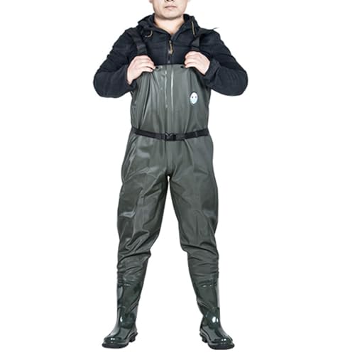 BAIRUNDA Wathosen Für Männer Und Frauen Angelhose Verdicktes PVC wasserdichte Wathose Zum Fliegenfischen Samtfutter rutschfeste TPR Sohle Halblange Regenhose Mit Stiefeln,38 EU, Green von BAIRUNDA