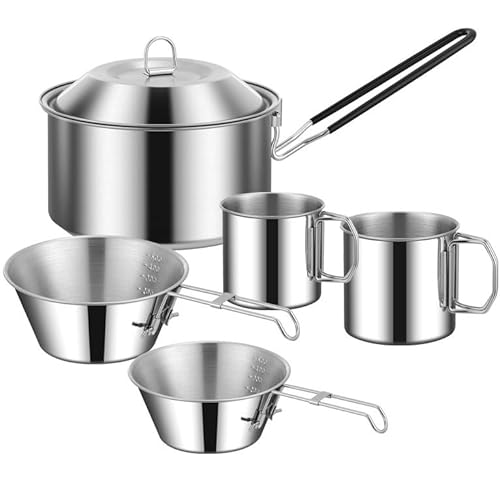 Tragbares Edelstahl-Camp Kochset,Faltbar Backpacking Camping Töpfe Kochen Camp Küche Camping Mess Kit für 2-3 Personen,für Wandern Outdoor Camping,6PCS von BAIZHONGJIE