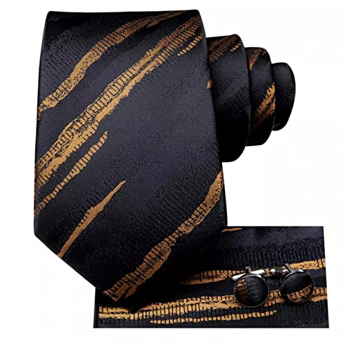 BAJIE Herren Krawatte Schwarz Gold Gestreift Seide Herren Hochzeitskrawatte Handky Manschettenknopf Herren Krawatte Anzug Business Party BAJIE Herren Krawatte Schwarz Gold Gestreift Seide Herren Hochzeitskrawatte Handky Manschettenknopf Herren Krawatte Anzug Business Party von BAJIE