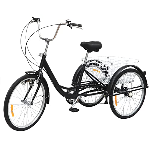 BAOCHADA 24 Zoll Dreirad, 6 Gang 3 Räder Fahrrad für Erwachsene, Hochwertigem Kohlenstoffstahl Erwachsene Dreirad mit Einkaufskorb&Licht, Maximale Belastung 120KG, für ältere Menschen von BAOCHADA
