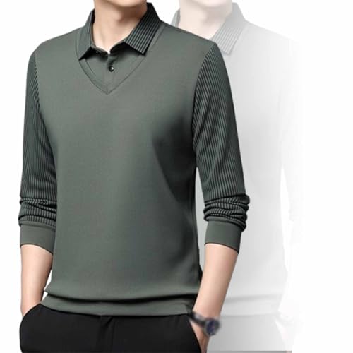 Herren gestreiftes Revers Fake zweiteiliges Hemd, gestreiftes Revers Fake 2-teiliges Hemd, Business Casual Polo Shirt Frühling, Herbst Langarm Kleid T Shirt Tops (1Stück-B,2XL_) von BAOFUW