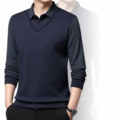 Herren gestreiftes Revers Fake zweiteiliges Hemd, gestreiftes Revers Fake 2-teiliges Hemd, Business Casual Polo Shirt Frühling, Herbst Langarm Kleid T Shirt Tops (1Stück-C,2XL_) von BAOFUW