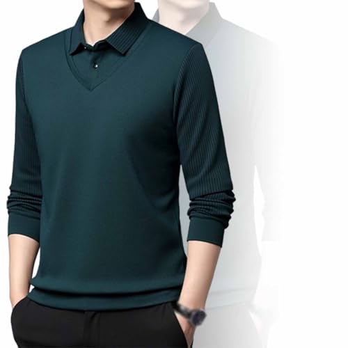 Herren gestreiftes Revers Fake zweiteiliges Hemd, gestreiftes Revers Fake 2-teiliges Hemd, Business Casual Polo Shirt Frühling, Herbst Langarm Kleid T Shirt Tops (1Stück-D,L_) von BAOFUW