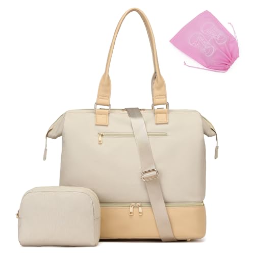 Weekender Bags Seesack für Damen, große Reisetasche mit Schuhfach, Tragetasche mit Trolleyhülle und USB-Ladeanschluss, Krankenhaustasche für Arbeit und Lieferung, Beige, Beige von BAVERGE