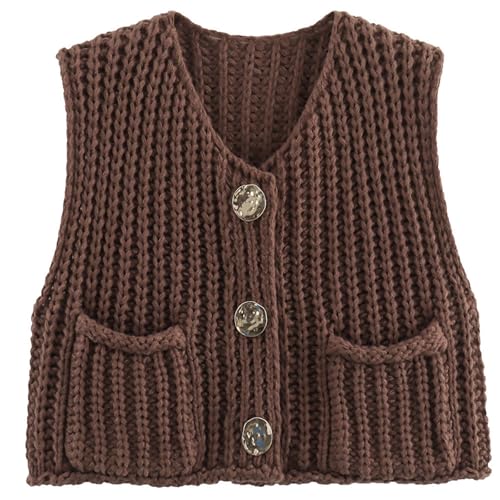 Ärmelloser Crop-Strick für Damen, Grobstrick-Oberteil aus Häkelarbeit für Damen, Ärmelloses Crop-Top mit Knopfleiste, Strickjacke, lässige Crop-Strickweste mit Knopfleiste und Taschen (Brown,M) von BAWUTZ