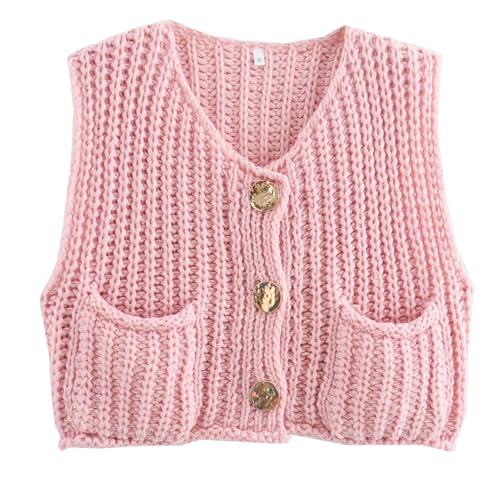 BAWUTZ Ärmelloser Crop-Strick für Damen, Grobstrick-Oberteil aus Häkelarbeit für Damen, Ärmelloses Crop-Top mit Knopfleiste, Strickjacke, lässige Crop-Strickweste mit Knopfleiste und Taschen (Pink,M) BAWUTZ Ärmelloser Crop-Strick für Damen, Grobstrick-Oberteil aus Häkelarbeit für Damen, Ärmelloses Crop-Top mit Knopfleiste, Strickjacke, lässige Crop-Strickweste mit Knopfleiste und Taschen (Pink,M) von BAWUTZ