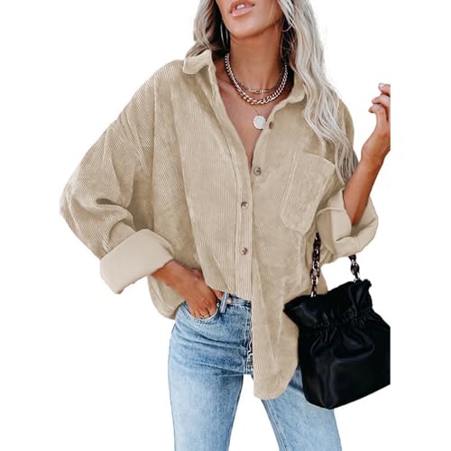 BAWUTZ Button-Down-Hemden für Damen, lockere Arbeitsblusen aus Rippstrick mit Tasche, langärmelige Shacket-Jacke für den Herbst, strukturierte Blusenoberteile mit lockerer Passform (Apricot,M) von BAWUTZ