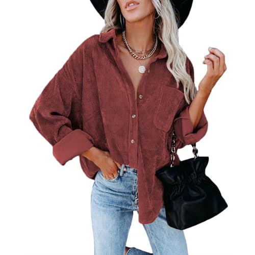 BAWUTZ Button-Down-Hemden für Damen, lockere Arbeitsblusen aus Rippstrick mit Tasche, langärmelige Shacket-Jacke für den Herbst, strukturierte Blusenoberteile mit lockerer Passform (Claret,L) von BAWUTZ