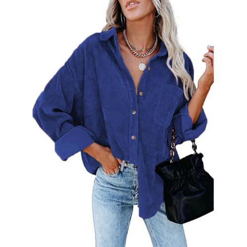 BAWUTZ Button-Down-Hemden für Damen, lockere Arbeitsblusen aus Rippstrick mit Tasche, langärmelige Shacket-Jacke für den Herbst, strukturierte Blusenoberteile mit lockerer Passform (Color Blue,M) von BAWUTZ