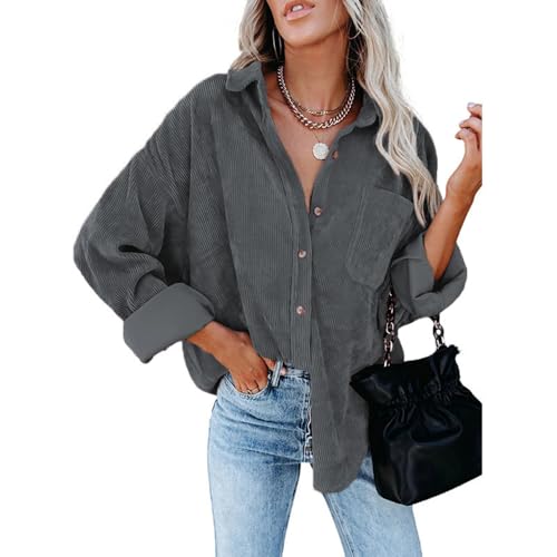 BAWUTZ Button-Down-Hemden für Damen, lockere Arbeitsblusen aus Rippstrick mit Tasche, langärmelige Shacket-Jacke für den Herbst, strukturierte Blusenoberteile mit lockerer Passform (Dark Gray,M) von BAWUTZ