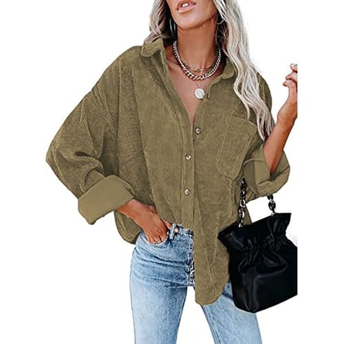 BAWUTZ Button-Down-Hemden für Damen, lockere Arbeitsblusen aus Rippstrick mit Tasche, langärmelige Shacket-Jacke für den Herbst, strukturierte Blusenoberteile mit lockerer Passform (Light Brown,L) von BAWUTZ