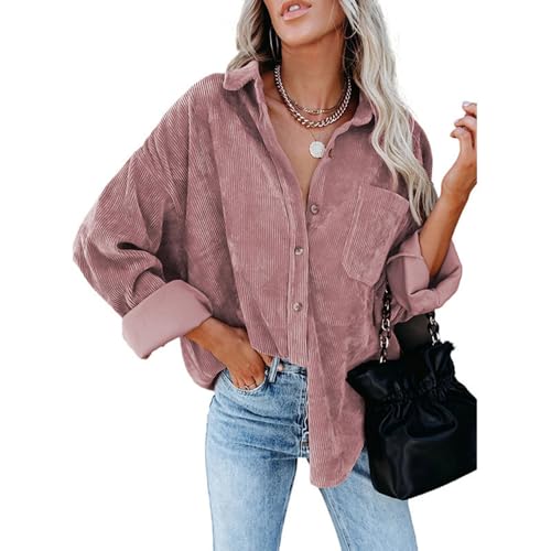 BAWUTZ Button-Down-Hemden für Damen, lockere Arbeitsblusen aus Rippstrick mit Tasche, langärmelige Shacket-Jacke für den Herbst, strukturierte Blusenoberteile mit lockerer Passform (Pink,M) von BAWUTZ