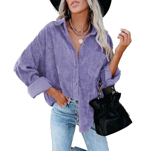 BAWUTZ Button-Down-Hemden für Damen, lockere Arbeitsblusen aus Rippstrick mit Tasche, langärmelige Shacket-Jacke für den Herbst, strukturierte Blusenoberteile mit lockerer Passform (Purple,3XL) von BAWUTZ