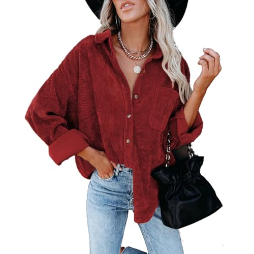 BAWUTZ Button-Down-Hemden für Damen, lockere Arbeitsblusen aus Rippstrick mit Tasche, langärmelige Shacket-Jacke für den Herbst, strukturierte Blusenoberteile mit lockerer Passform (Red,XL) von BAWUTZ