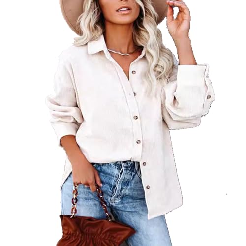 BAWUTZ Button-Down-Hemden für Damen, lockere Arbeitsblusen aus Rippstrick mit Tasche, langärmelige Shacket-Jacke für den Herbst, strukturierte Blusenoberteile mit lockerer Passform (White,XL) von BAWUTZ