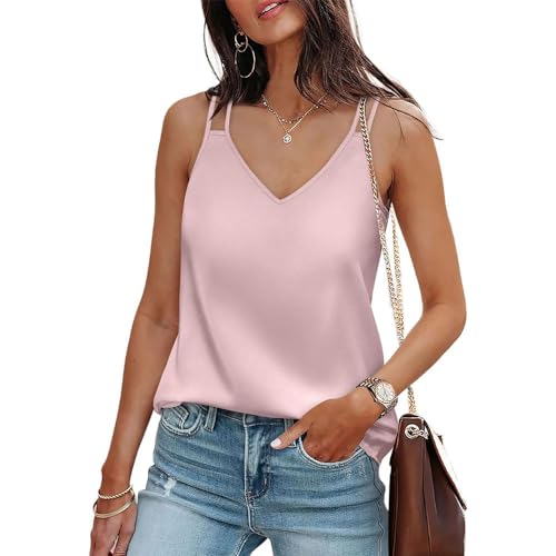 BAWUTZ Damen Satin Tank Top,V-Ausschnitt Cami Ämellose Blusen, Ärmellose Blusentop,Seide Cami Camisole Spaghettiträger,V-Ausschnitt Basic Tanks Strap (Rosa,XL) von BAWUTZ