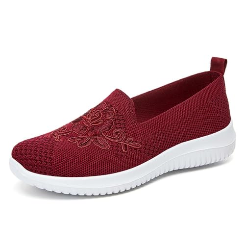 BAWUTZ Damen-Sommer-Sneaker, Atmungsaktives Vermascht Krankenschwester Schuhe,atmungsaktive Mesh-Slip-On-Wanderschuhe,Damen Loafer Slipper,Atmungsaktive Mesh-Up Mokassins (39,Rot) von BAWUTZ