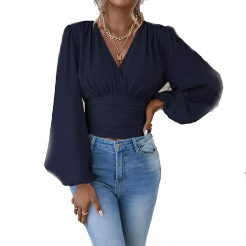 BAWUTZ Elegante Wickelbluse mit V-Ausschnitt, V-Ausschnitt, einfarbig, Plissiertes Langarmoberteil, langärmliges Oberteil mit Laternenmuster für Damen, lässiges Oberteil mit Rüschen (Blue,XXL) von BAWUTZ