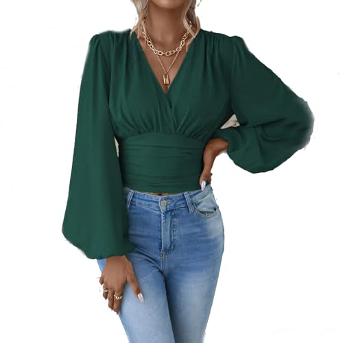 BAWUTZ Elegante Wickelbluse mit V-Ausschnitt, V-Ausschnitt, einfarbig, Plissiertes Langarmoberteil, langärmliges Oberteil mit Laternenmuster für Damen, lässiges Oberteil mit Rüschen (Green,XL) von BAWUTZ