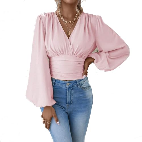 BAWUTZ Elegante Wickelbluse mit V-Ausschnitt, V-Ausschnitt, einfarbig, Plissiertes Langarmoberteil, langärmliges Oberteil mit Laternenmuster für Damen, lässiges Oberteil mit Rüschen (Pink,M) von BAWUTZ