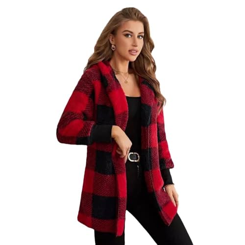 BAWUTZ Flanellmäntel für Damen,langärmlige Button-Down-Kapuzenjacke, Warmer Mantel, lässige, lockere Button-Down-Jacken, Trendige Pullovermäntel mit offener Vorderseite und Langen Ärmeln (Red,M) von BAWUTZ