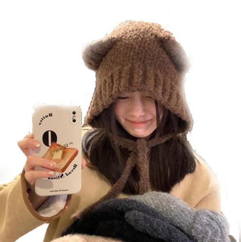 Gehörschutzmütze Winddichte Mütze,Wintermütze Damen Warme,Kapuzenschal für Frauen,Niedliche Damenmütze mit Ohrenschutz aus Plüsch,Bärenmütze für Damen Winter,Strickmütze (Kaffeefarbe,M) Gehörschutzmütze Winddichte Mütze,Wintermütze Damen Warme,Kapuzenschal für Frauen,Niedliche Damenmütze mit Ohrenschutz aus Plüsch,Bärenmütze für Damen Winter,Strickmütze (Kaffeefarbe,M) von BAWUTZ