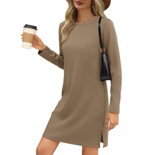 BAWUTZ Herbstkleider für Damen, leichtes Reise-/Flughafen-Outfit, langärmliges Kleid, lässiges langärmliges Kleid, Trendige Herbstmode, gemütliche Reise-/Flughafen-Outfits (Khaki,M) von BAWUTZ