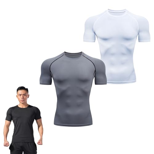 BAWUTZ Herren Kompressionsshirt Kurzarm, Compression Slimming Body Shaper Vest,kurzärmliges Funktionsshirt Atmungsaktiv Sportshirt Männer für Running Workout Jogging Fitness Gym (4XL,A) von BAWUTZ