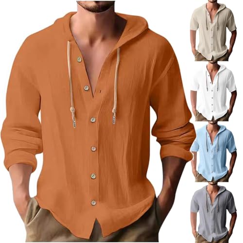 BAWUTZ Herren Langarm Leinen Hemden, Sommer Knopf Up Hawaii Hemden, Kapuze V Ausschnitt Knopf Up Hoodies, Langarm Kapuzenpullover, Casual Urlaub Hawaiian Beach Yoga Hippie Hemden (Orange,XXL) von BAWUTZ