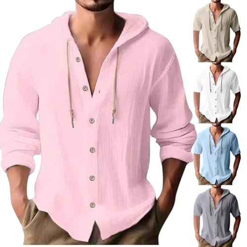 BAWUTZ Herren Langarm Leinen Hemden, Sommer Knopf Up Hawaii Hemden, Kapuze V Ausschnitt Knopf Up Hoodies, Langarm Kapuzenpullover, Casual Urlaub Hawaiian Beach Yoga Hippie Hemden (Pink,XXL) von BAWUTZ